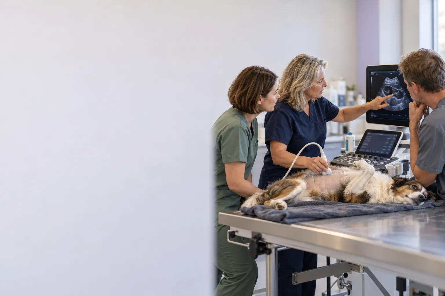 Dierenartsen tijdens een praktijkcursus echografie