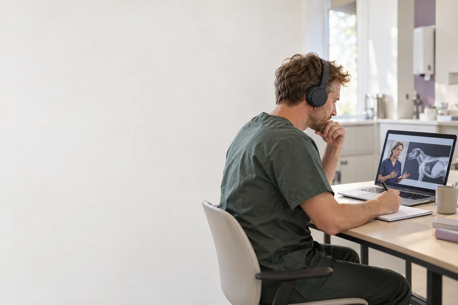 Dierenarts volgt een live webinar achter een laptop