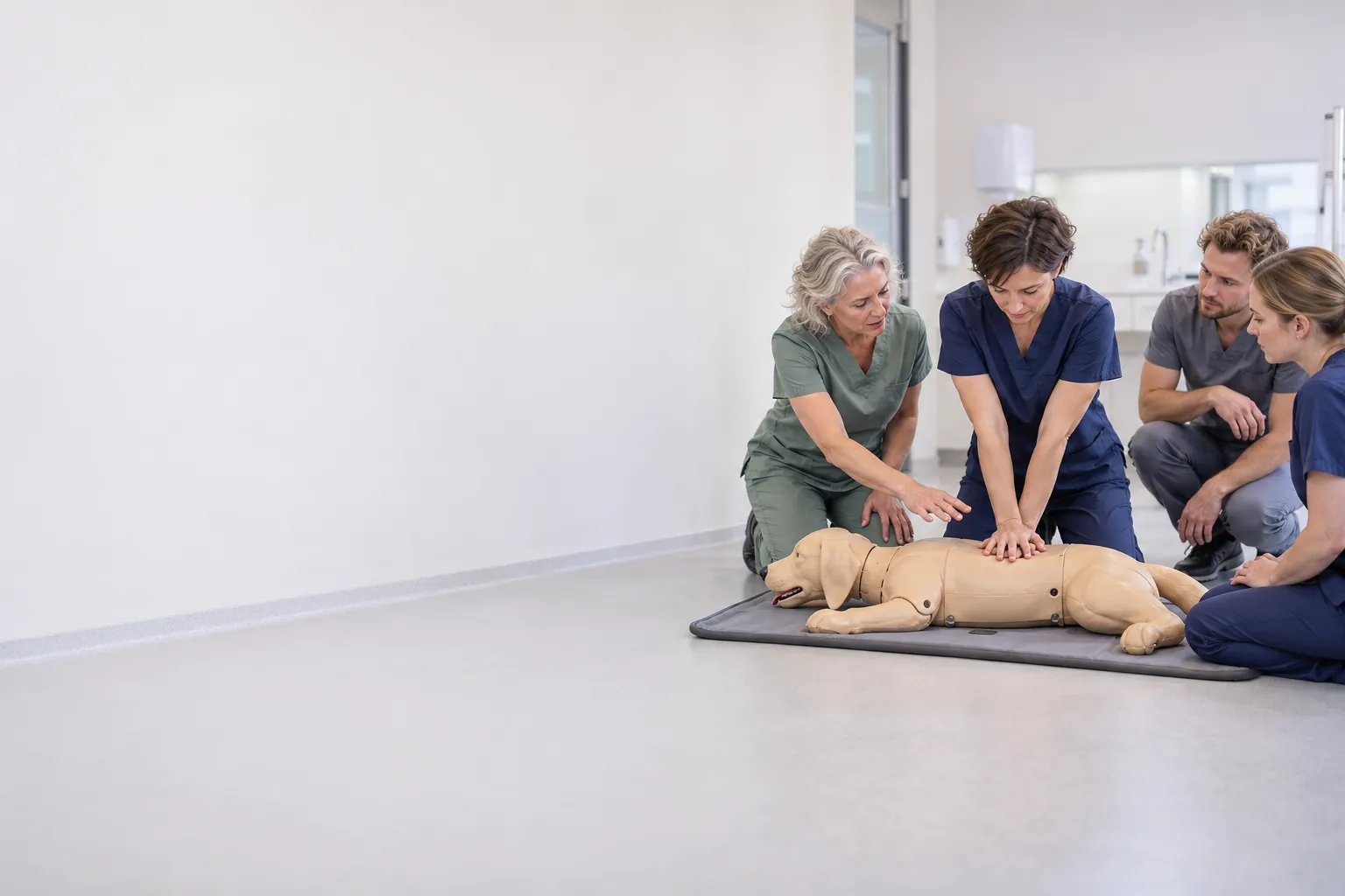 Team oefent reanimatie op een hondenpop in de praktijk
